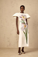 Irène White Sequin Floral Embroidered Midi Dress