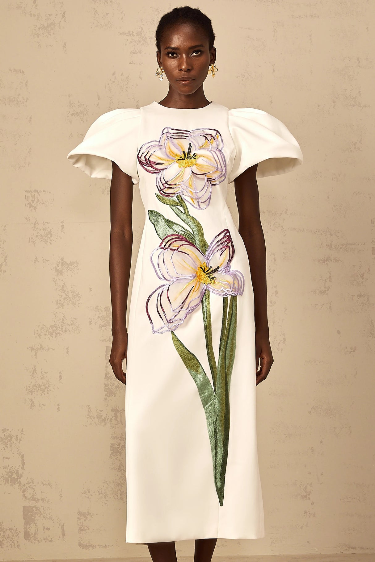 Irène White Sequin Floral Embroidered Midi Dress
