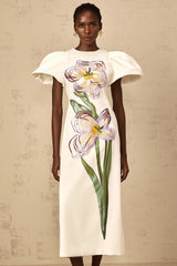 Irène White Sequin Floral Embroidered Midi Dress