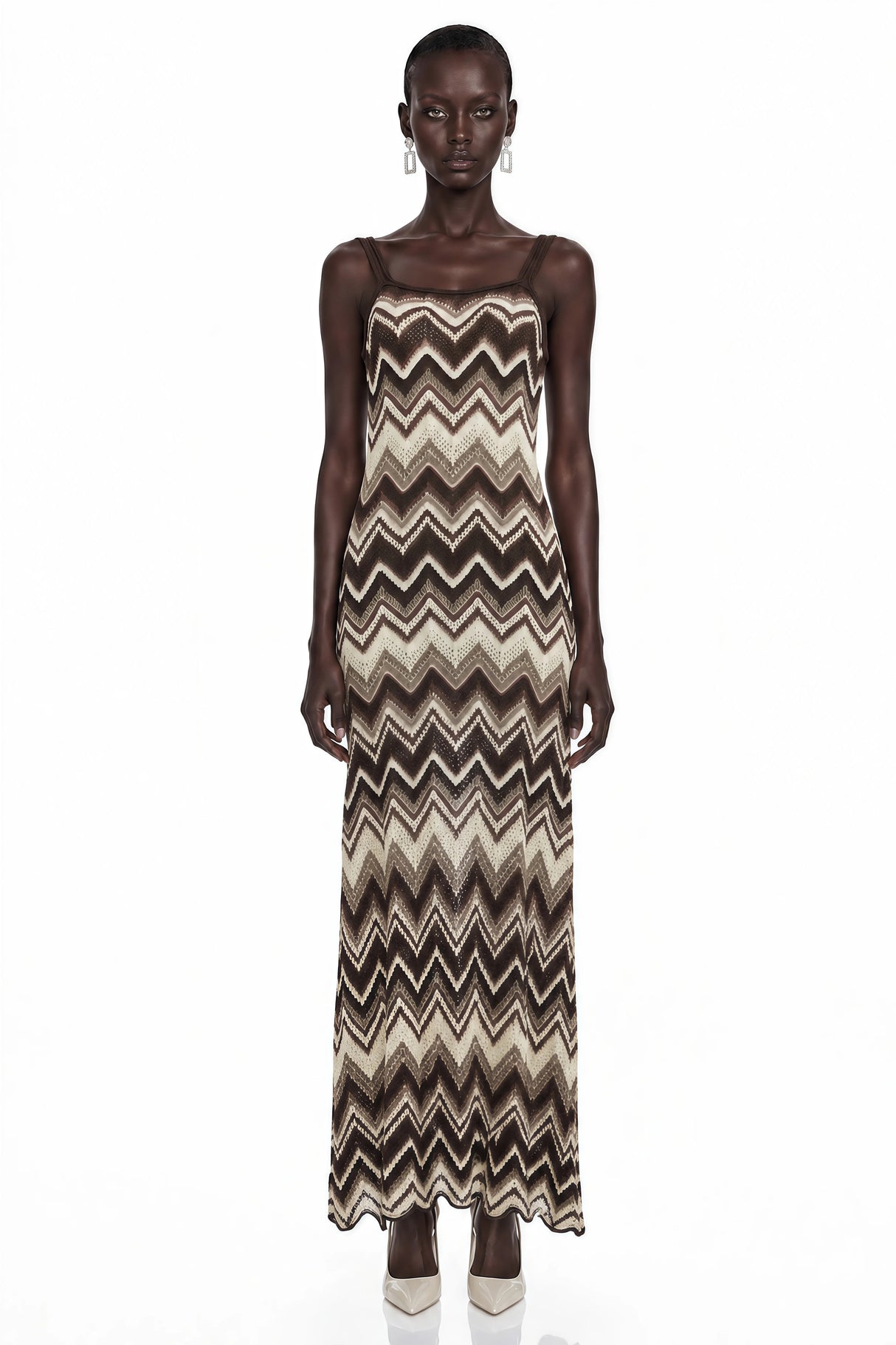 Irina Brown Zigzag Weave Pointelle Knit Maxi Dress