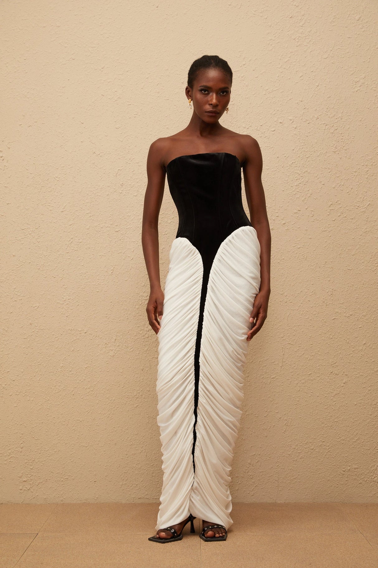 Iris Black Velvet Panel Ruched Maxi Dress