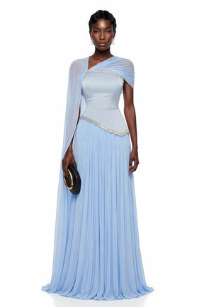 Iris Blue Embellished Asymmetrical Maxi Dress with Cape
