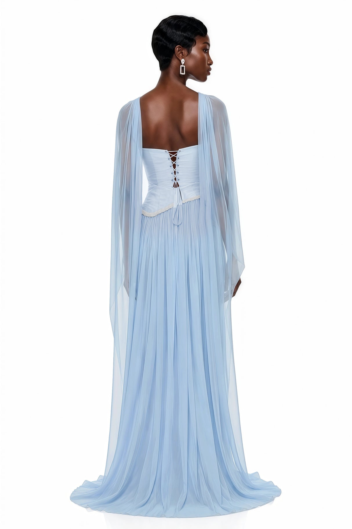 Iris Blue Embellished Asymmetrical Maxi Dress with Cape