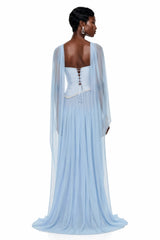 Iris Blue Embellished Asymmetrical Maxi Dress with Cape