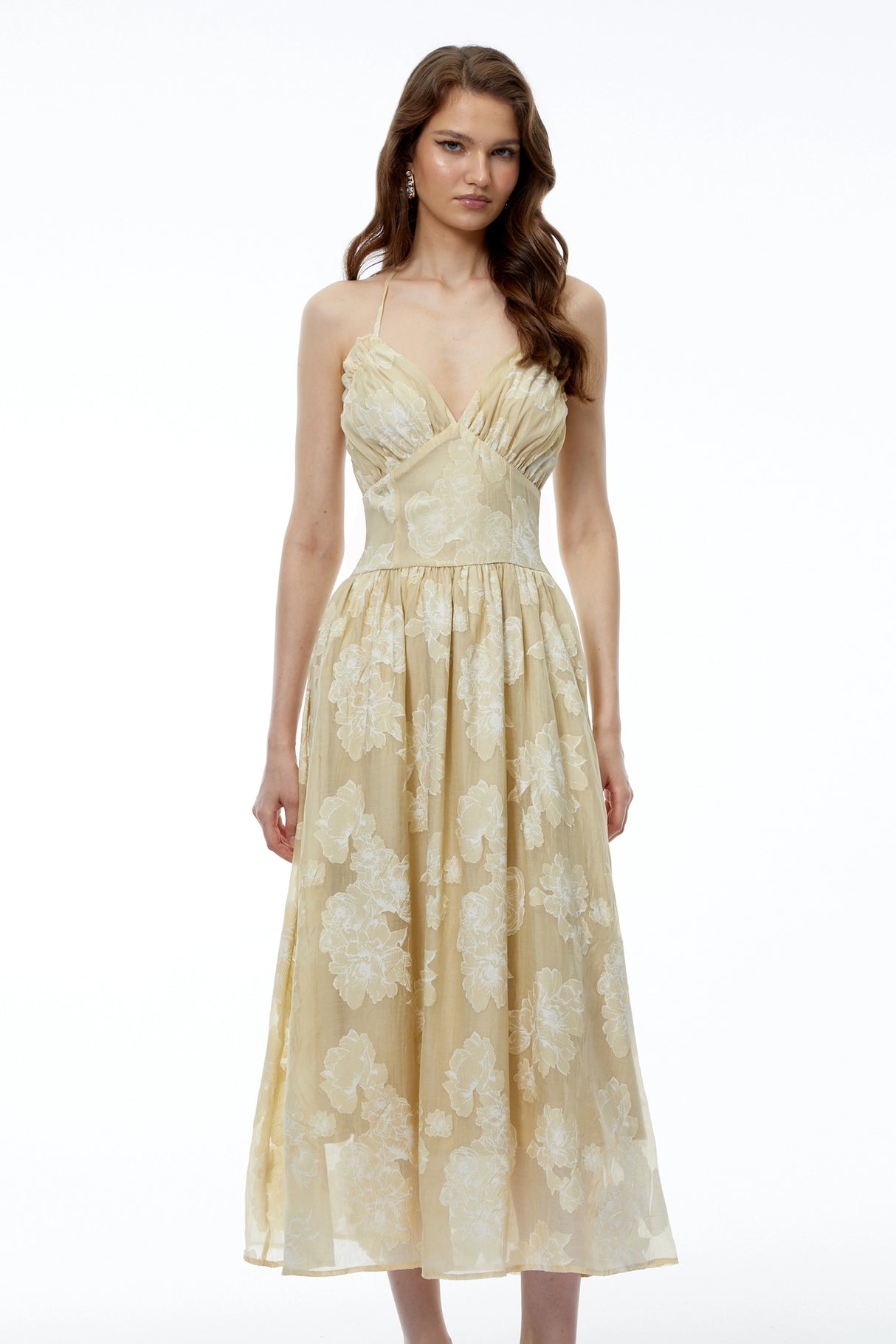 Iris Neutral Sweetheart Neckline Floral Print Maxi Dress