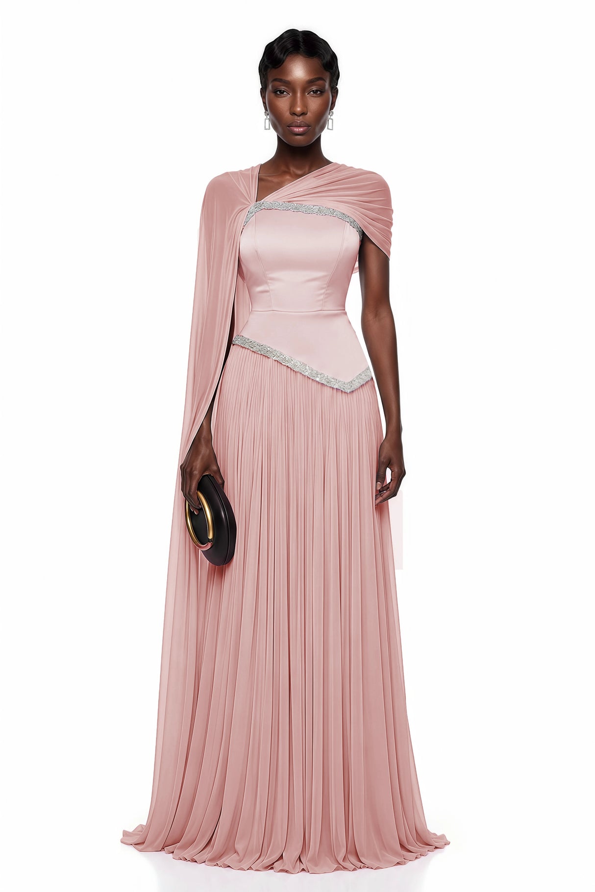 Iris Pink Embellished Asymmetrical Maxi Dress with Cape