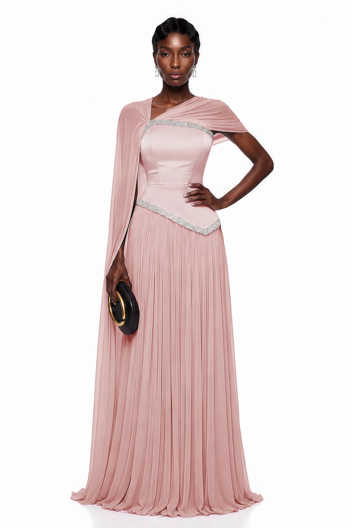 Iris Pink Embellished Asymmetrical Maxi Dress with Cape