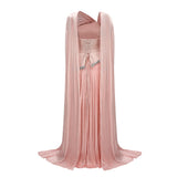 Iris Pink Embellished Asymmetrical Maxi Dress with Cape
