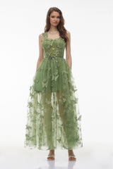 Iris Sage Green Tulle Maxi Dress with 3D Florals