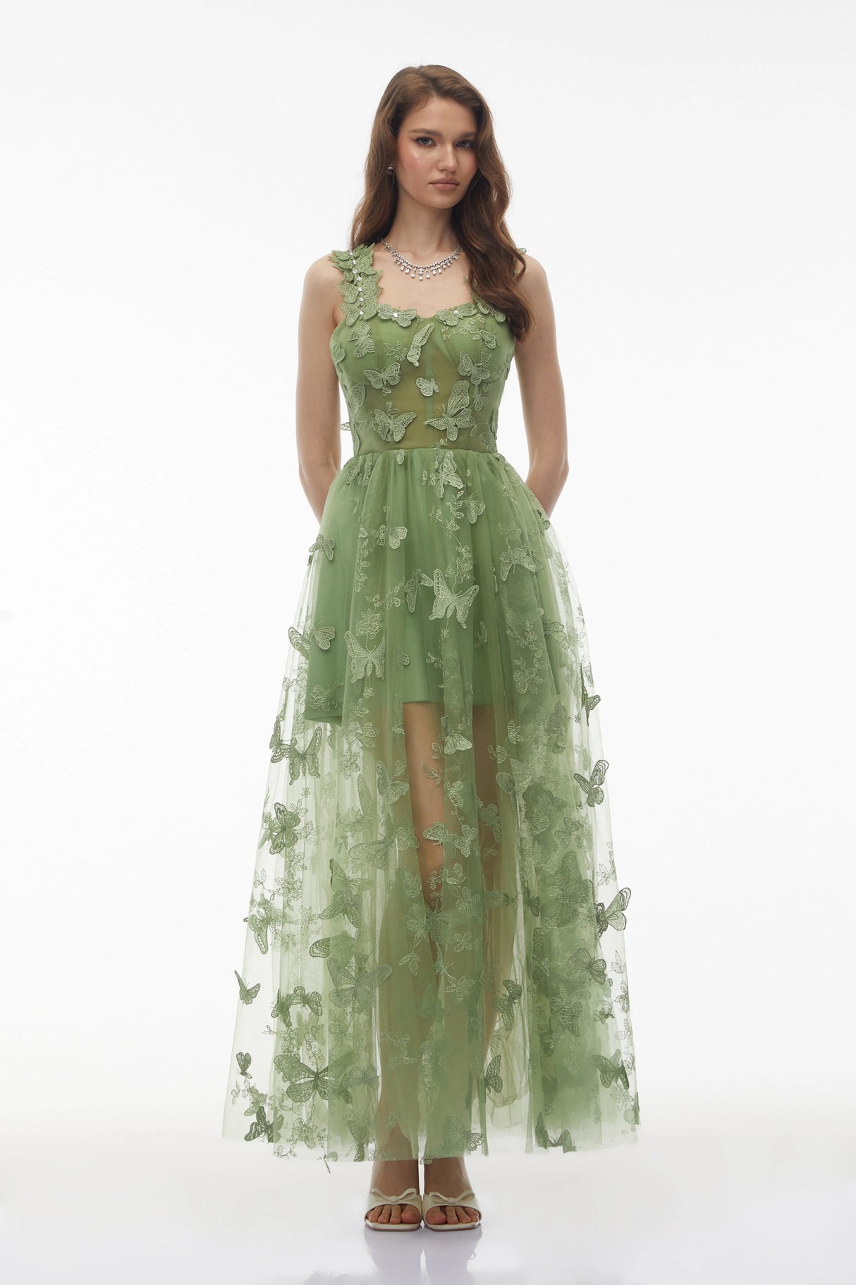 Iris Sage Green Tulle Maxi Dress with 3D Florals