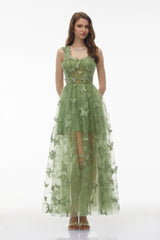 Iris Sage Green Tulle Maxi Dress with 3D Florals