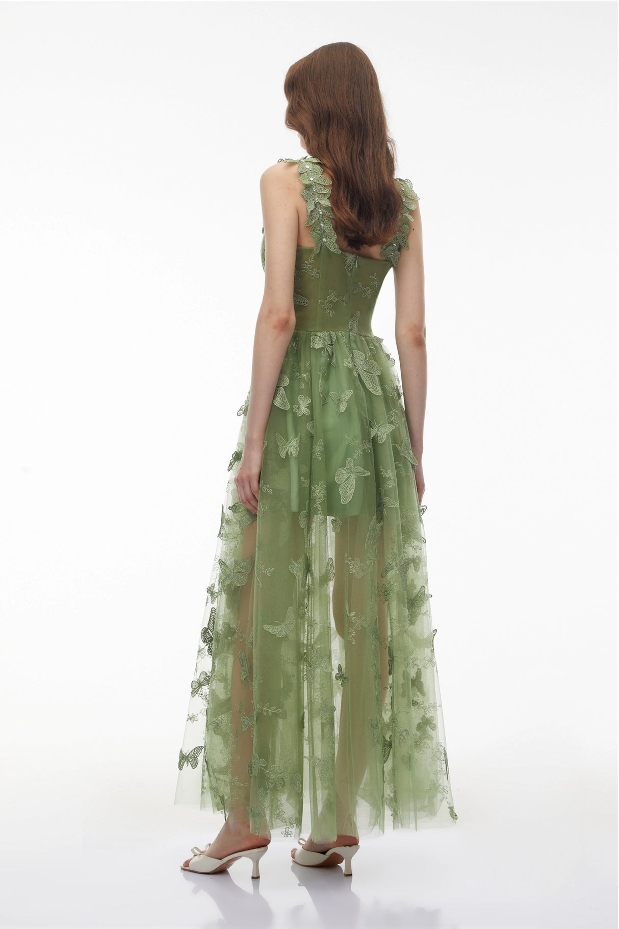 Iris Sage Green Tulle Maxi Dress with 3D Florals