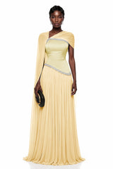 Iris Yellow Embellished Asymmetrical Maxi Dress with Cape
