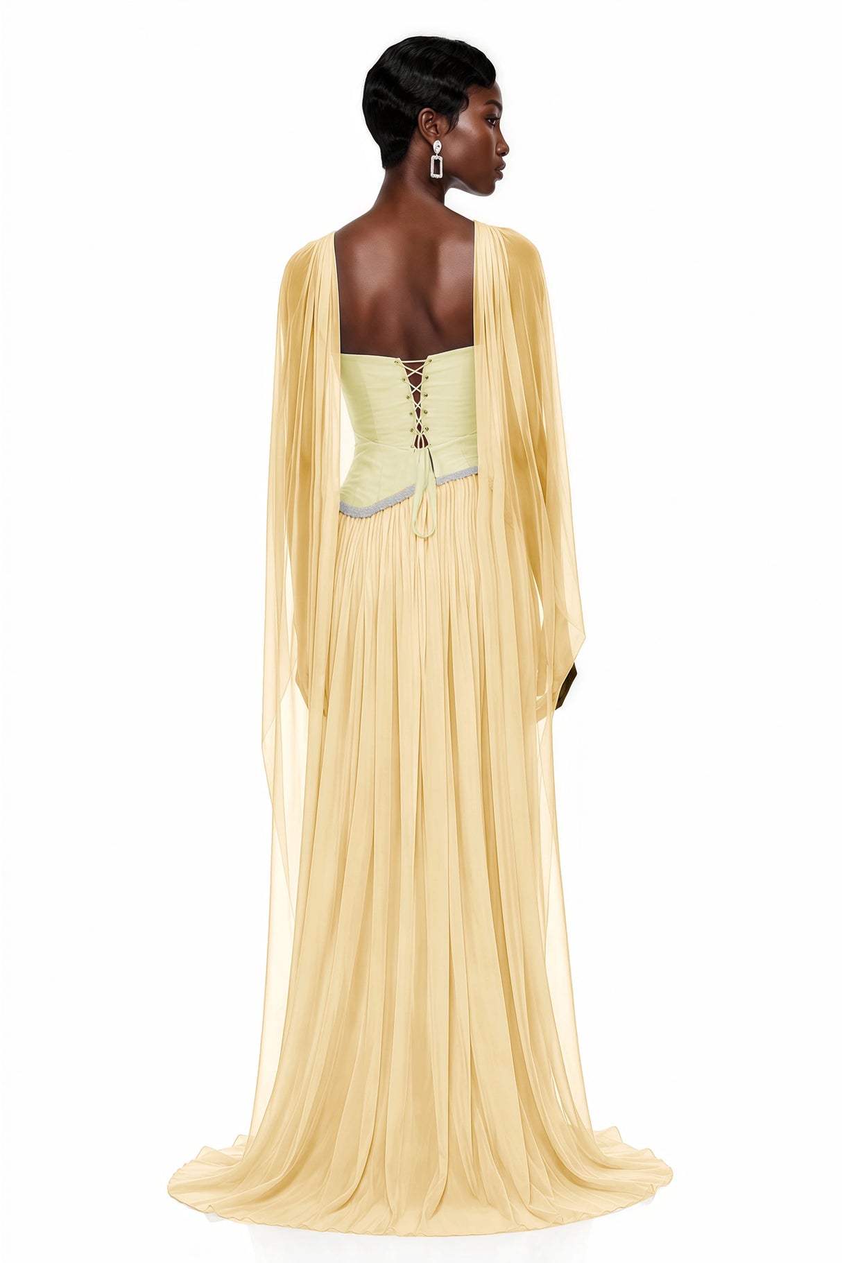 Iris Yellow Embellished Asymmetrical Maxi Dress with Cape