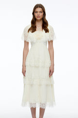 Isabeau Beige Lace Midi Dress with Cape Sleeves