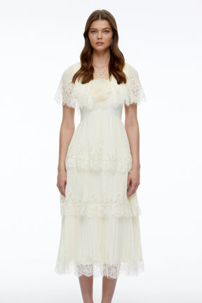 Isabeau Beige Lace Midi Dress with Cape Sleeves