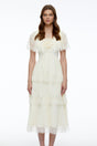 Isabeau Beige Lace Midi Dress with Cape Sleeves