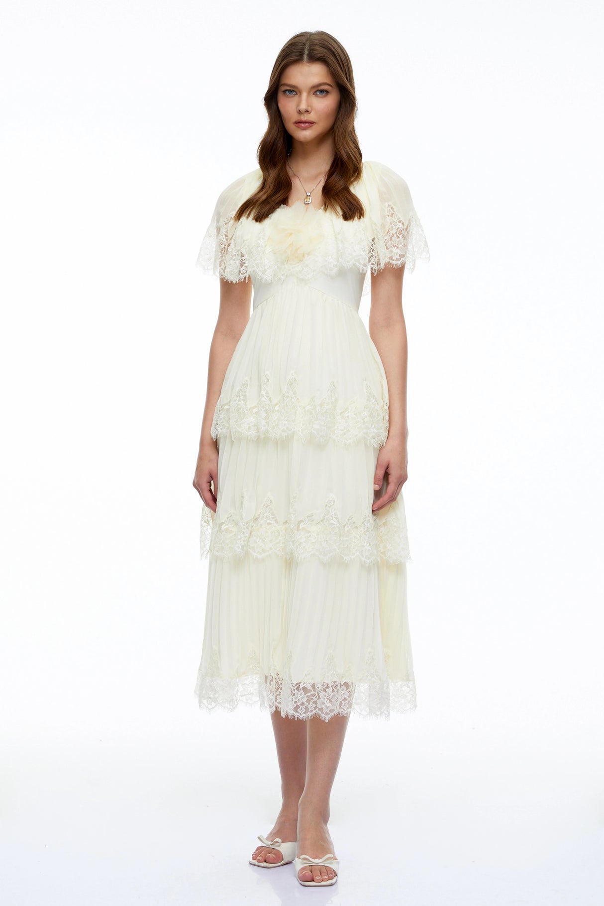 Isabeau Beige Lace Midi Dress with Cape Sleeves