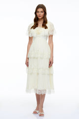 Isabeau Beige Lace Midi Dress with Cape Sleeves