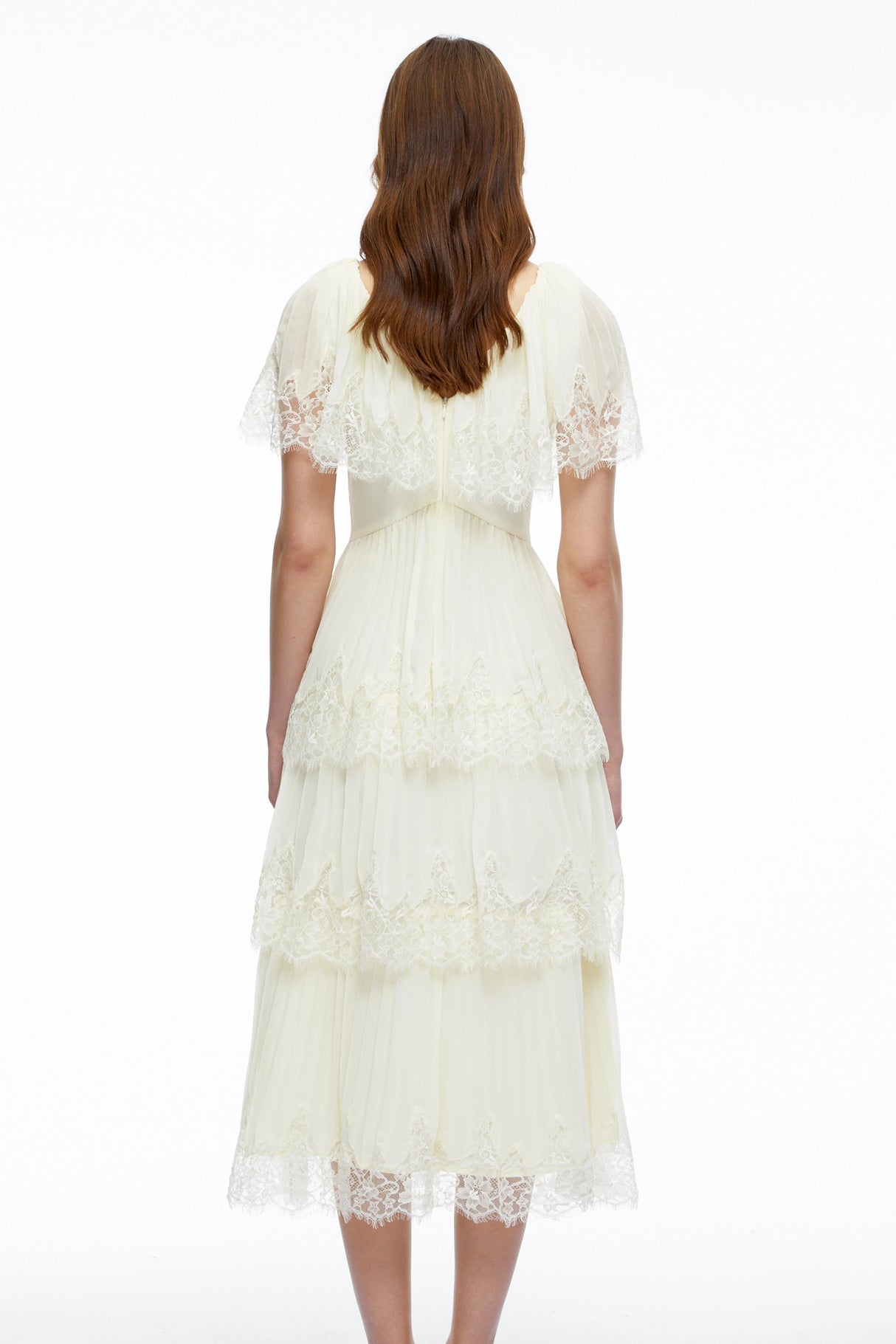 Isabeau Beige Lace Midi Dress with Cape Sleeves