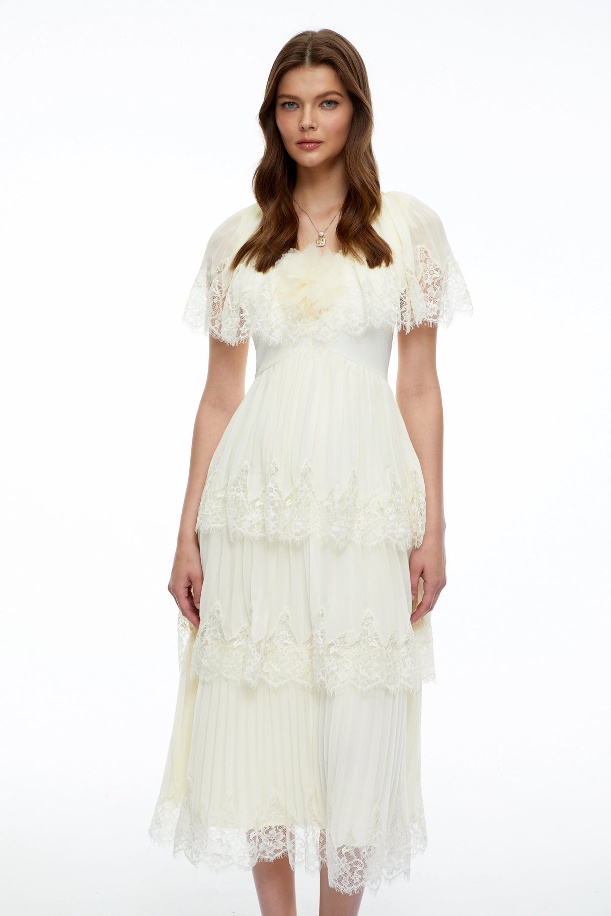 Isabeau Beige Lace Midi Dress with Cape Sleeves