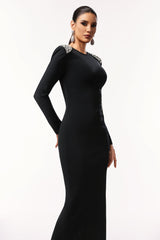 Isabel Black Diamond Detail Long Sleeve Formal Dress