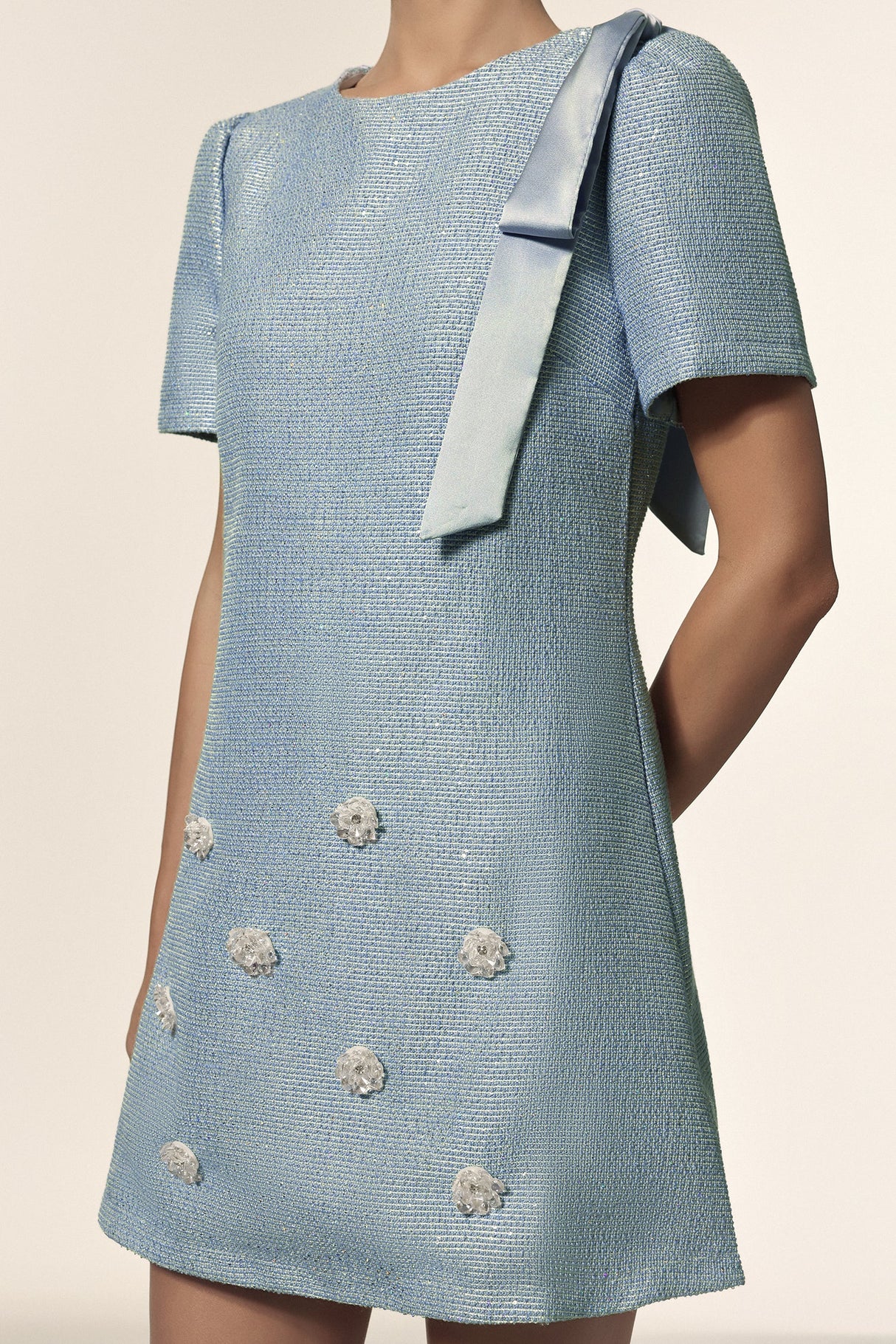 Isabella Blue Floral Mini Dress with Bowknot and Textured Fabric for Women