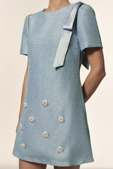 Isabella Blue Floral Mini Dress with Bowknot and Textured Fabric for Women