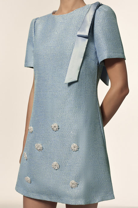 Isabella Blue Floral Mini Dress with Bowknot and Textured Fabric for Women