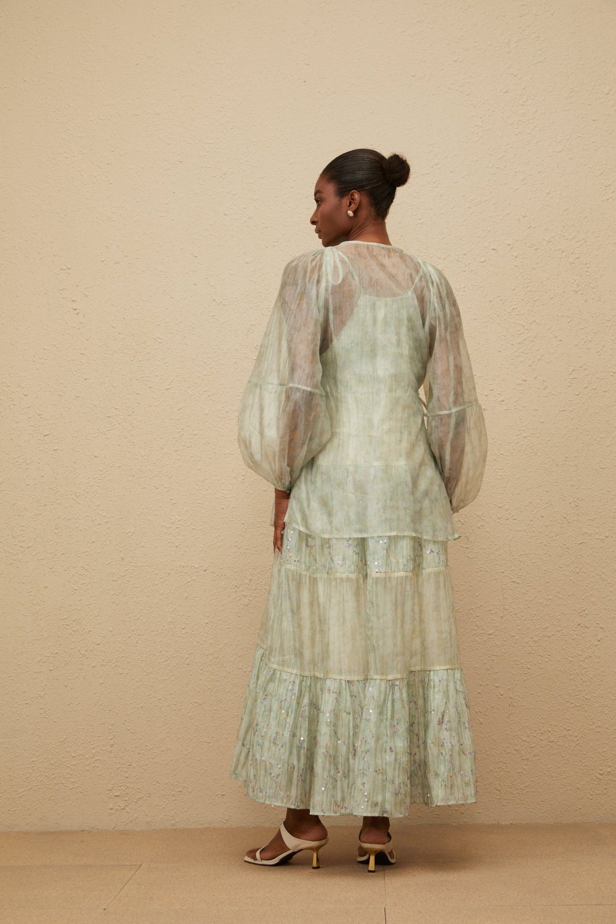 Isabella Cardigan & Dress Set - Tie - Dye Print - Puff Sleeves - Tiered Design - Sequin Embellishment - Maxi Length