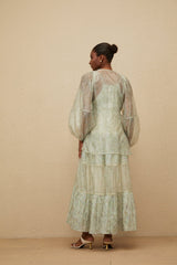 Isabella Cardigan & Dress Set - Tie - Dye Print - Puff Sleeves - Tiered Design - Sequin Embellishment - Maxi Length