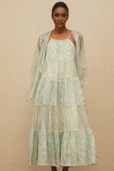 Isabella Cardigan & Dress Set - Tie - Dye Print - Puff Sleeves - Tiered Design - Sequin Embellishment - Maxi Length