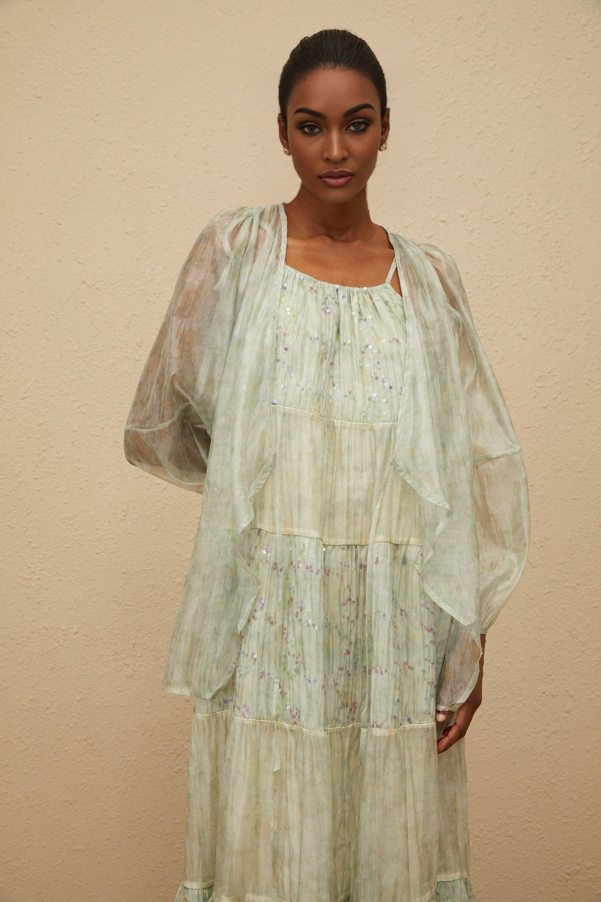 Isabella Cardigan & Dress Set - Tie - Dye Print - Puff Sleeves - Tiered Design - Sequin Embellishment - Maxi Length