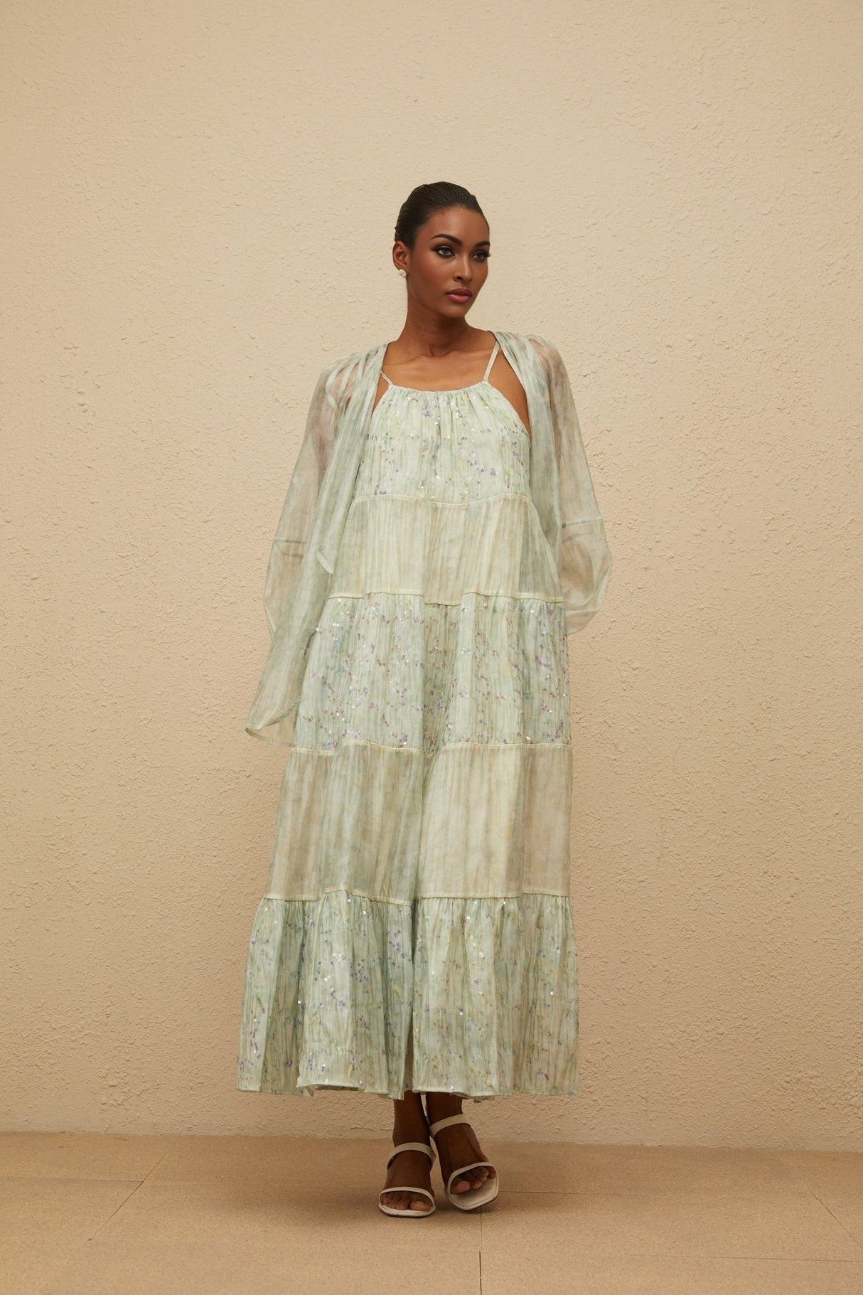 Isabella Cardigan & Dress Set - Tie - Dye Print - Puff Sleeves - Tiered Design - Sequin Embellishment - Maxi Length