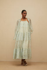 Isabella Cardigan & Dress Set - Tie - Dye Print - Puff Sleeves - Tiered Design - Sequin Embellishment - Maxi Length