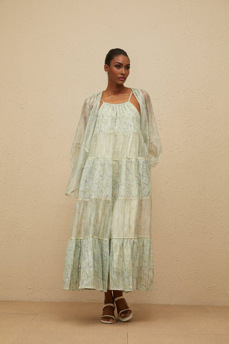 Isabella Cardigan & Dress Set - Tie - Dye Print - Puff Sleeves - Tiered Design - Sequin Embellishment - Maxi Length