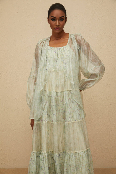 Isabella Cardigan & Dress Set - Tie - Dye Print - Puff Sleeves - Tiered Design - Sequin Embellishment - Maxi Length