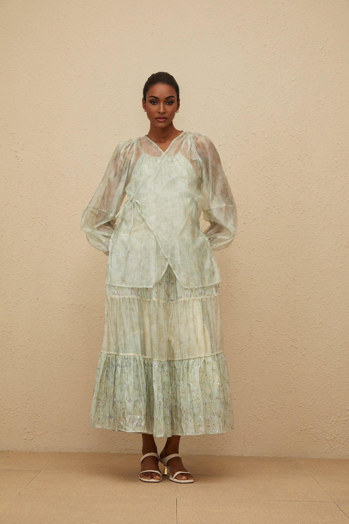 Isabella Cardigan & Dress Set - Tie - Dye Print - Puff Sleeves - Tiered Design - Sequin Embellishment - Maxi Length