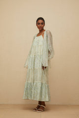 Isabella Cardigan & Dress Set - Tie - Dye Print - Puff Sleeves - Tiered Design - Sequin Embellishment - Maxi Length