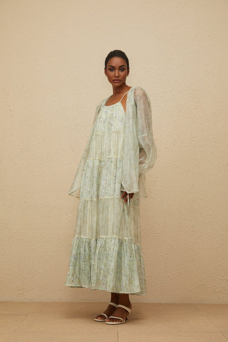 Isabella Cardigan & Dress Set - Tie - Dye Print - Puff Sleeves - Tiered Design - Sequin Embellishment - Maxi Length