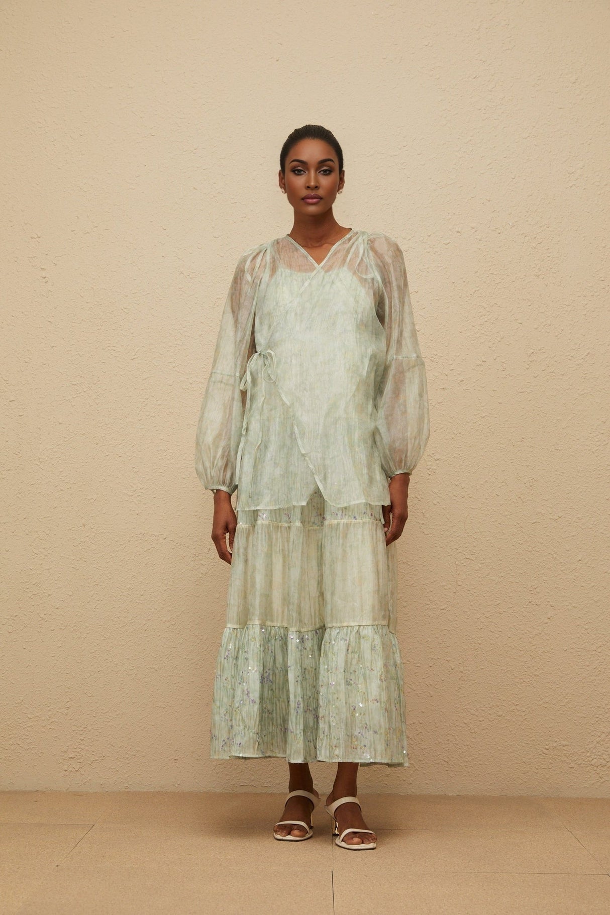 Isabella Cardigan & Dress Set - Tie - Dye Print - Puff Sleeves - Tiered Design - Sequin Embellishment - Maxi Length