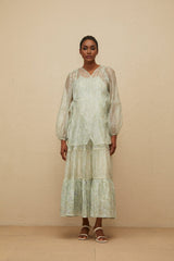 Isabella Cardigan & Dress Set - Tie - Dye Print - Puff Sleeves - Tiered Design - Sequin Embellishment - Maxi Length