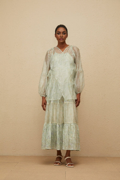 Isabella Cardigan & Dress Set - Tie - Dye Print - Puff Sleeves - Tiered Design - Sequin Embellishment - Maxi Length