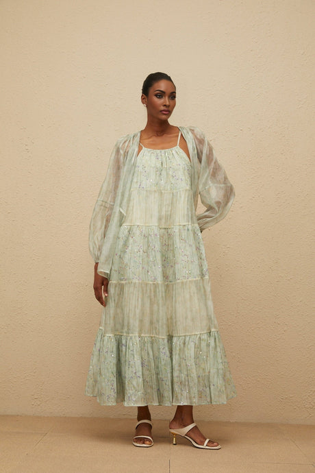 Isabella Cardigan & Dress Set - Tie - Dye Print - Puff Sleeves - Tiered Design - Sequin Embellishment - Maxi Length