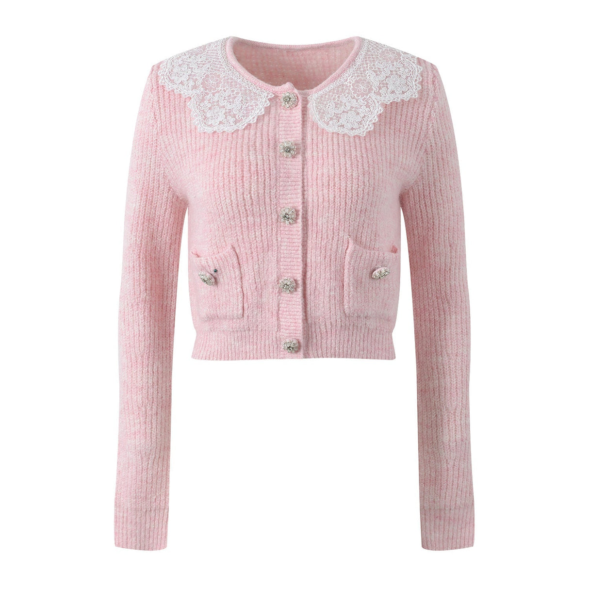 Isabella Cardigan & Skirt Set - Lace Collar - Crystal Buttons - Ribbed Cotton - Flared Silhouette - Cropped Fit