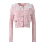 Isabella Cardigan & Skirt Set - Lace Collar - Crystal Buttons - Ribbed Cotton - Flared Silhouette - Cropped Fit