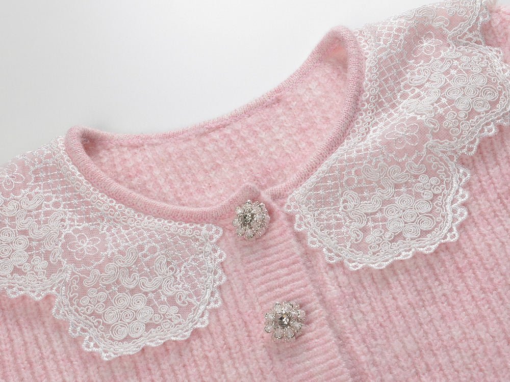 Isabella Cardigan & Skirt Set - Lace Collar - Crystal Buttons - Ribbed Cotton - Flared Silhouette - Cropped Fit