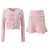 Isabella Cardigan & Skirt Set - Lace Collar - Crystal Buttons - Ribbed Cotton - Flared Silhouette - Cropped Fit
