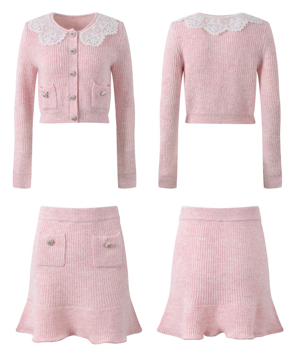 Isabella Cardigan & Skirt Set - Lace Collar - Crystal Buttons - Ribbed Cotton - Flared Silhouette - Cropped Fit
