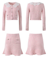 Isabella Cardigan & Skirt Set - Lace Collar - Crystal Buttons - Ribbed Cotton - Flared Silhouette - Cropped Fit